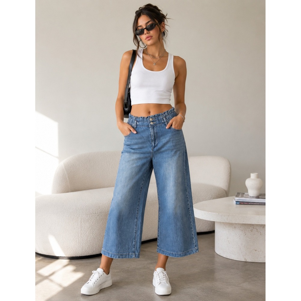 Wonderly Jeans Women 10 Light Blue Cropped Wide Leg Paperbag Elastic Waist Denim